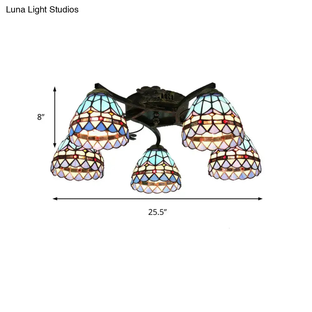 DecorBites Tiffany stained glass ceiling light with five pastel shades and antique bronze scalloped heads for bedroom