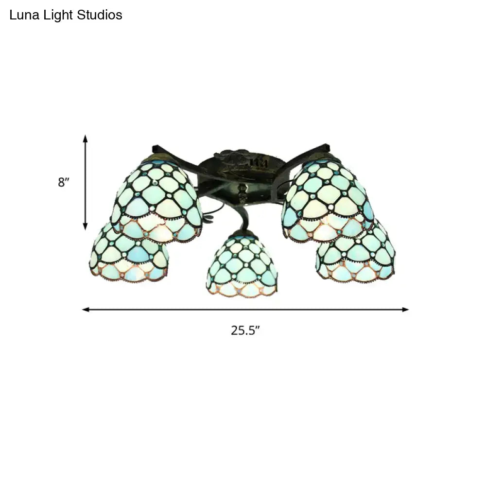 DecorBites tiffany stained glass ceiling light with five scalloped mint and white glass shades in antique bronze finish