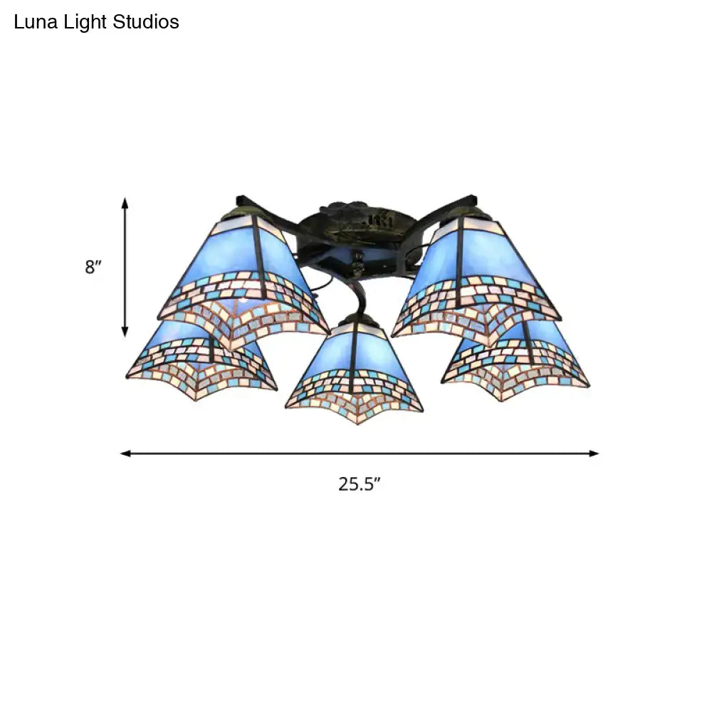 DecorBites™ tiffany stained glass ceiling light with blue beige mosaic tiles and antique bronze frame for bedroom