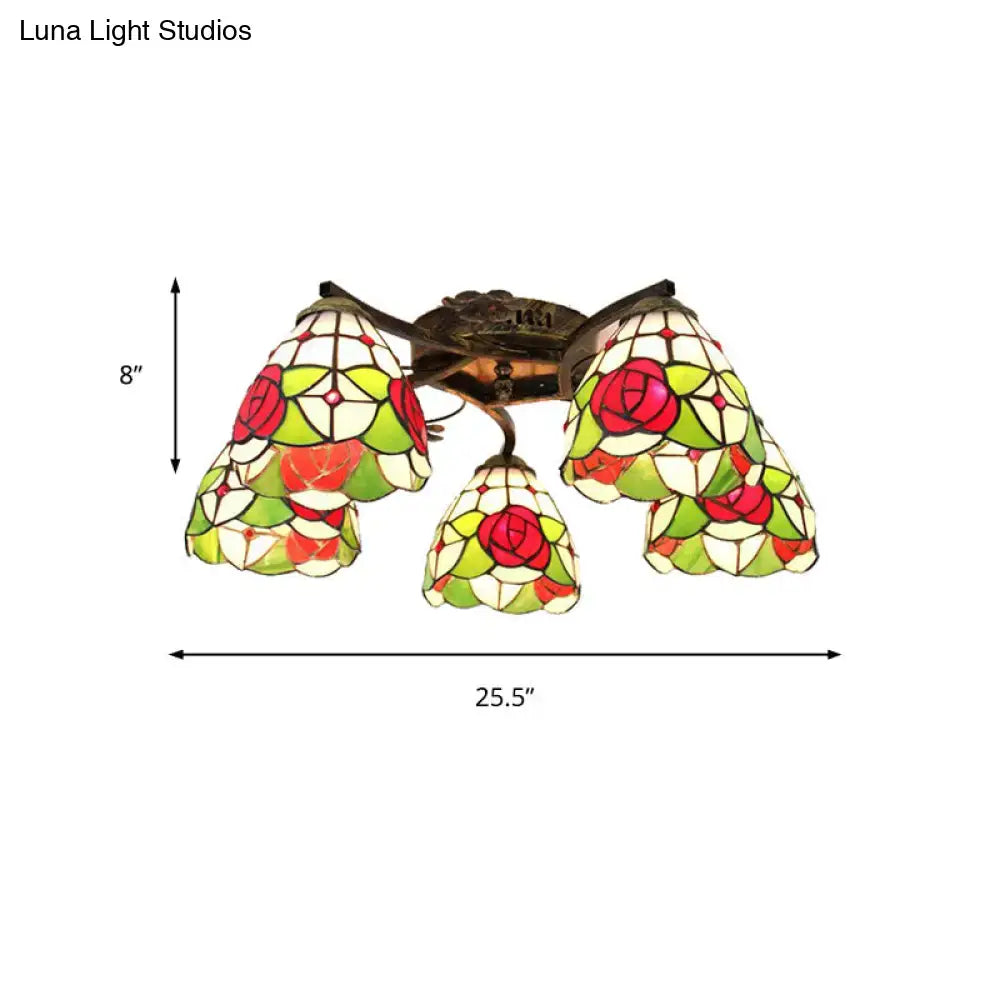 Decorbites tiffany stained glass ceiling light in antique bronze with five scalloped rose-patterned shades in red green cream