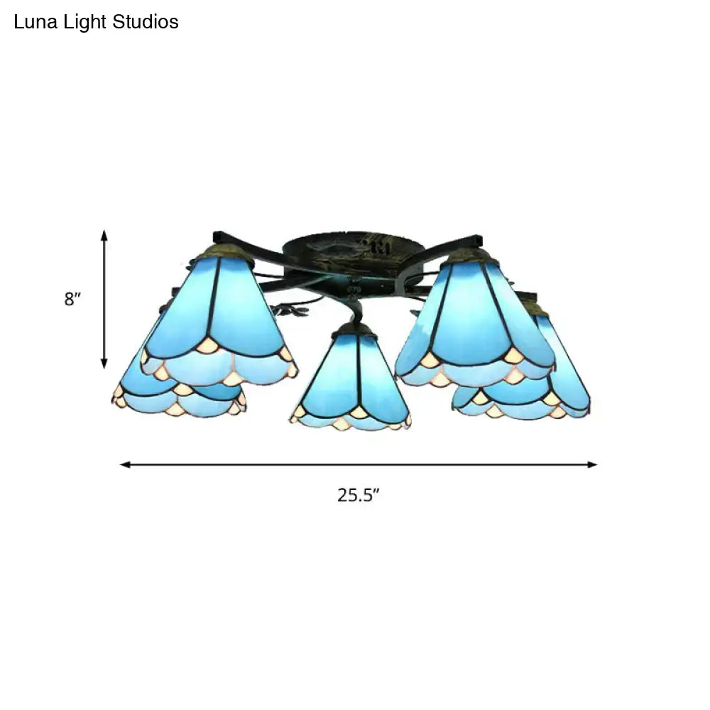 Decorbites tiffany stained glass ceiling light with five blue petal-shaped shades in antique bronze finish for bedroom