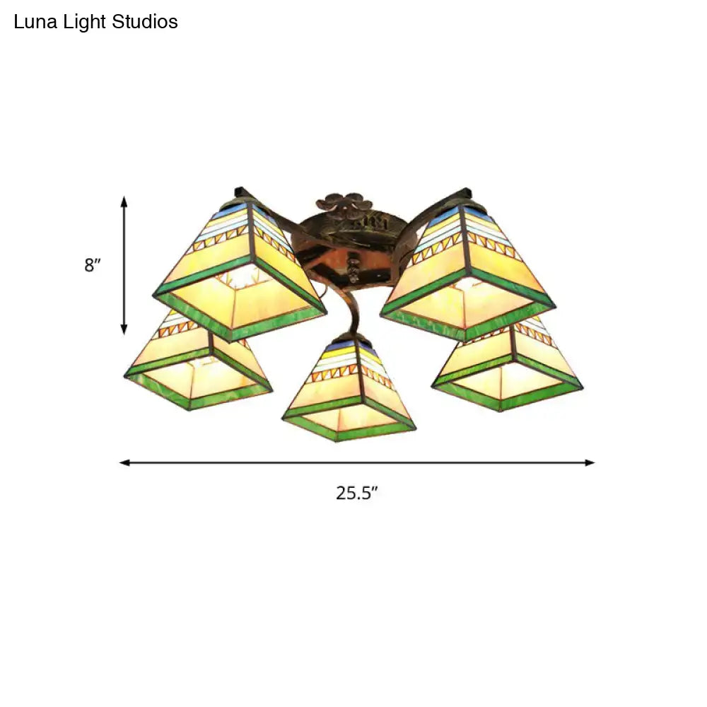 Decorbites tiffany stained glass ceiling light with five yellow and green pyramid shades in antique bronze finish
