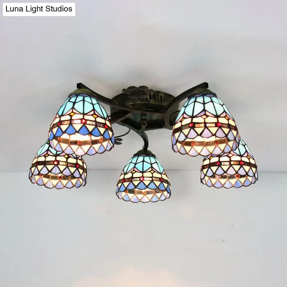 Decorbites tiffany stained glass ceiling light with five scalloped shades in antique bronze for bedroom lighting