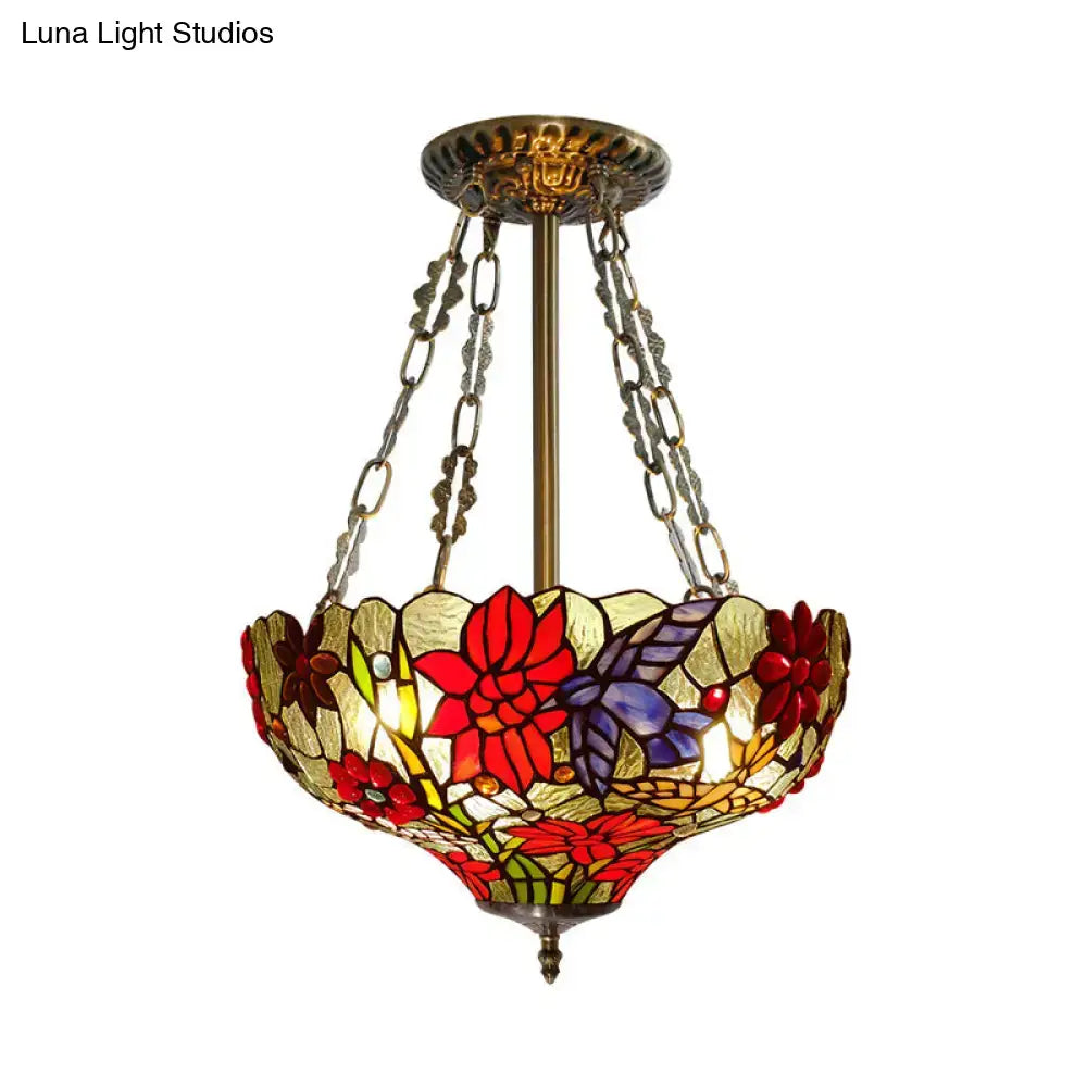 DecorBites™ Tiffany stained glass flower semi flush ceiling light with 3 red heads in an ornate brass frame inch fixture