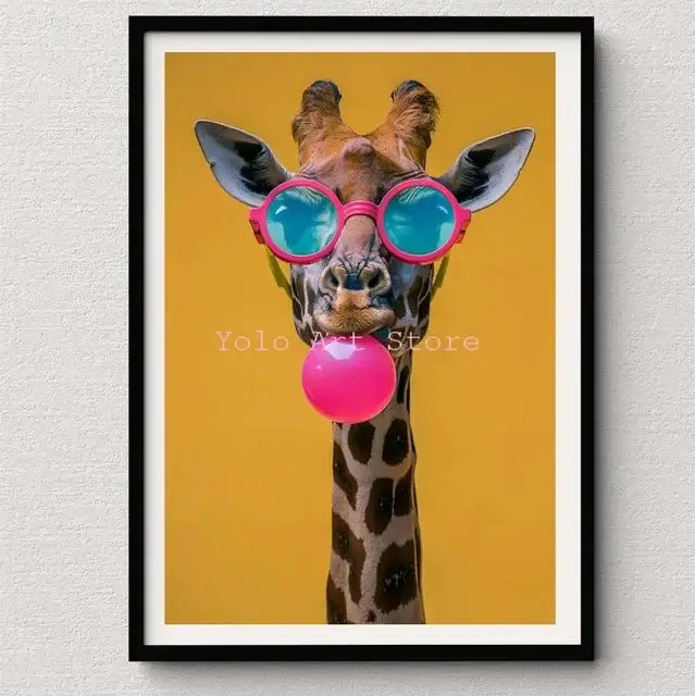 Decorbites™ tiger canvas wall art print featuring a giraffe with pink sunglasses blowing bubblegum on yellow background wall art print