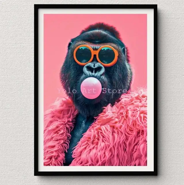 DecorBites™ vibrant pink-framed wall art print of a gorilla in orange sunglasses and fluffy pink coat blowing bubblegum