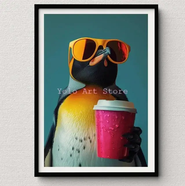DecorBites™ tiger canvas wall art print featuring a penguin with yellow sunglasses holding a pink coffee cup