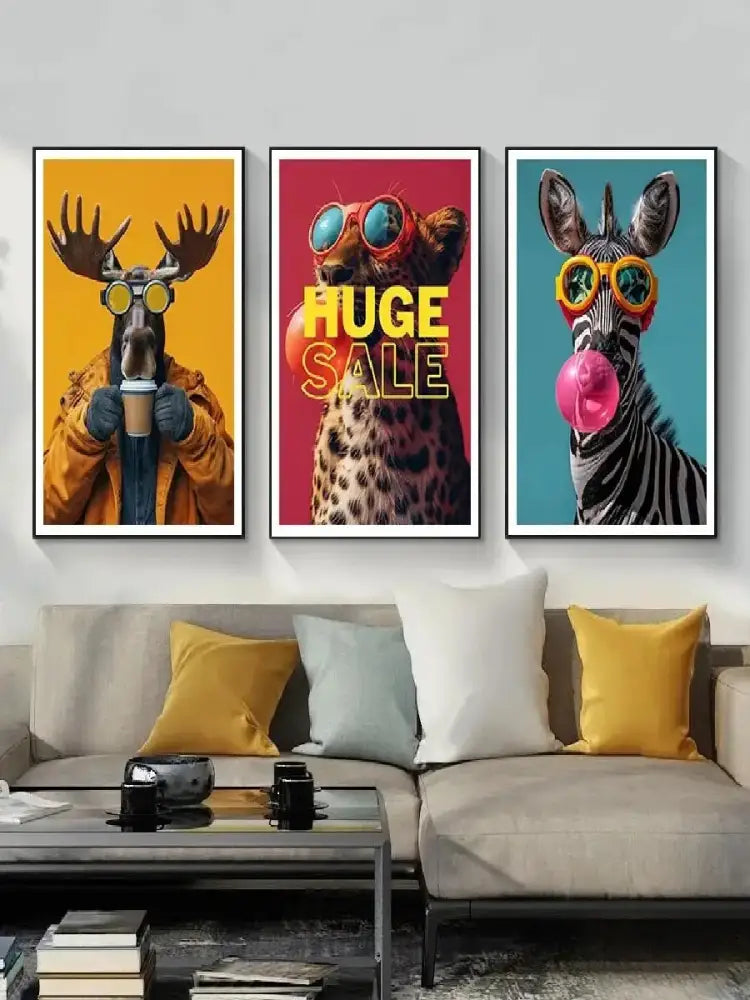 Set of three framed wall art prints by decorbites featuring moose, cheetah, and zebra in sunglasses on vibrant backgrounds
