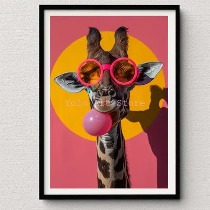 A framed DecorBites™ wall art print of a giraffe with pink sunglasses blowing bubblegum on a vibrant pink and yellow background