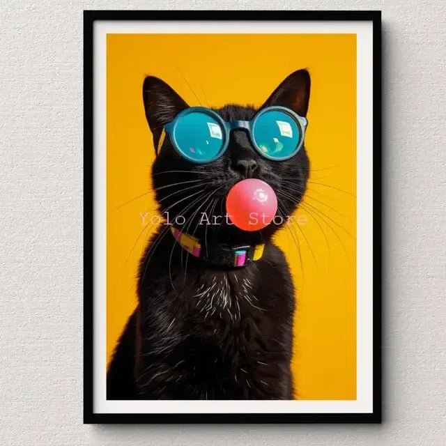 DecorBites™ tiger canvas wall art print featuring a black cat with blue sunglasses blowing pink bubblegum bubble