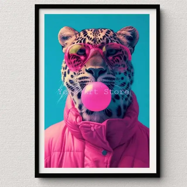 Decorbites™ tiger canvas wall art print featuring a vibrant pop-art leopard in pink sunglasses and bubblegum bubble