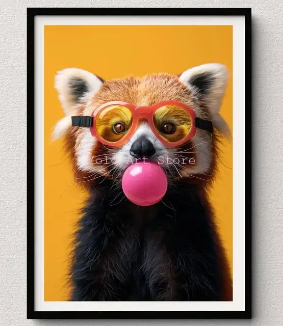 A framed wall art print of a red panda with orange-rimmed glasses blowing pink bubblegum on a vibrant yellow canvas