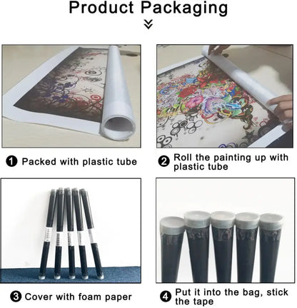 Roll-up canvas wall art print featuring vibrant colorful graffiti-style tiger design in a protective plastic tube