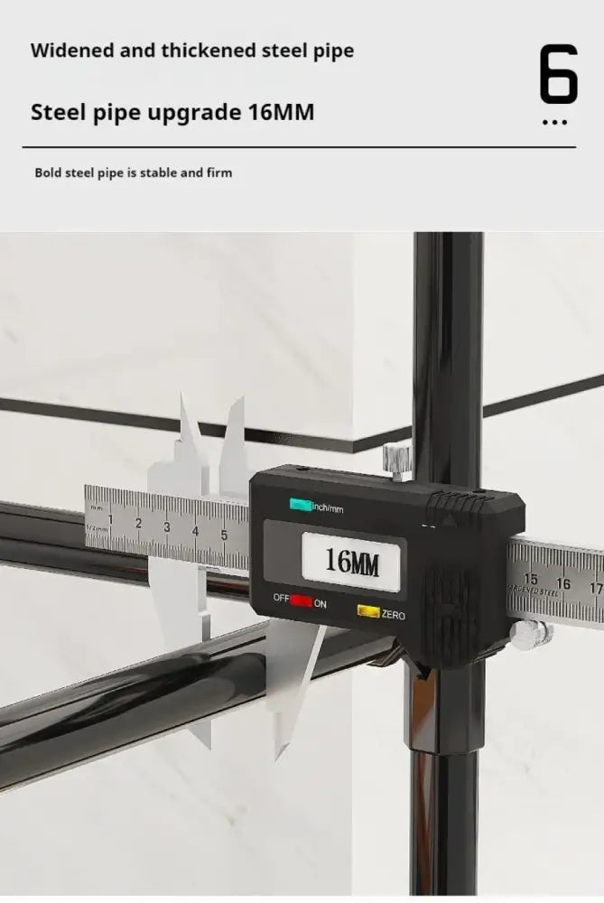 Black digital caliper measuring 16mm thick steel pipe of DecorBites toilet storage and bathroom storage rack