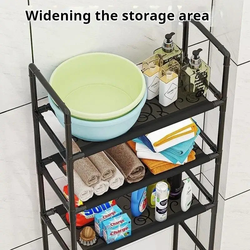Black metal three-tier decorbites toilet and bathroom storage rack with decorative scrollwork for space-saving storage rack