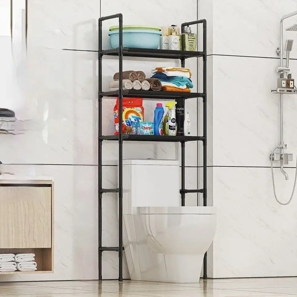 Black metal pipe-style DecorBites™ bathroom storage rack with four tiers for towels cleaning supplies and toilet storage