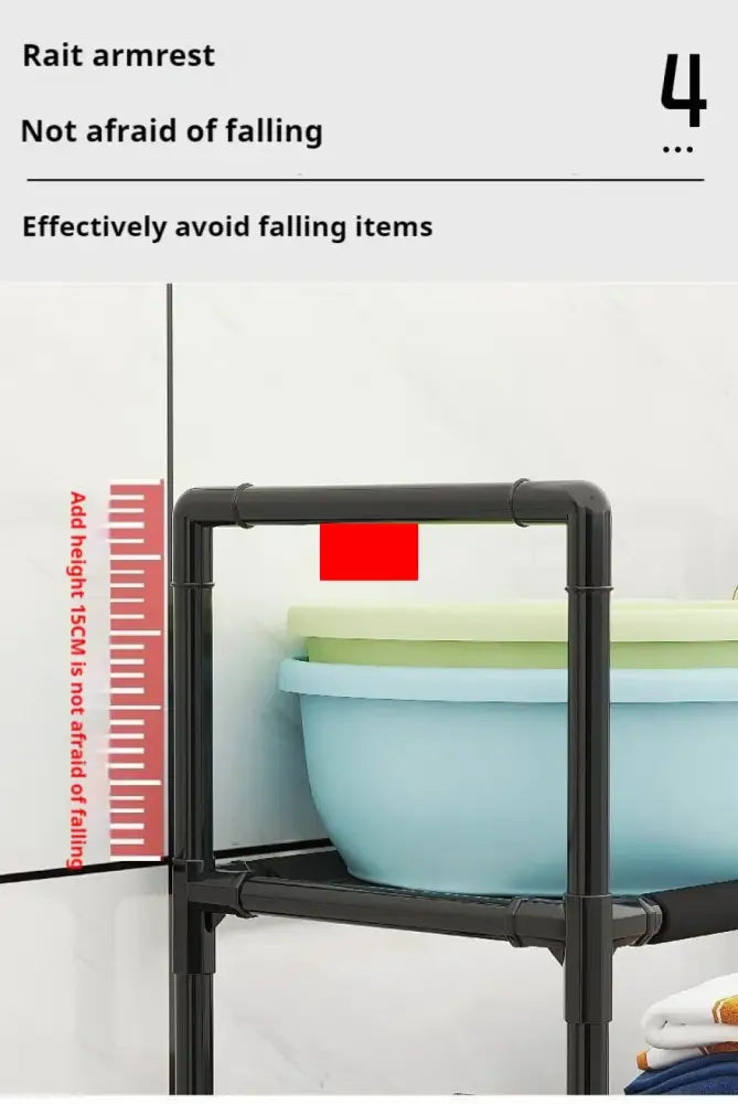 Black metal pipe armrest shelf with stacked plastic bowls for efficient bathroom storage rack and toilet storage solutions