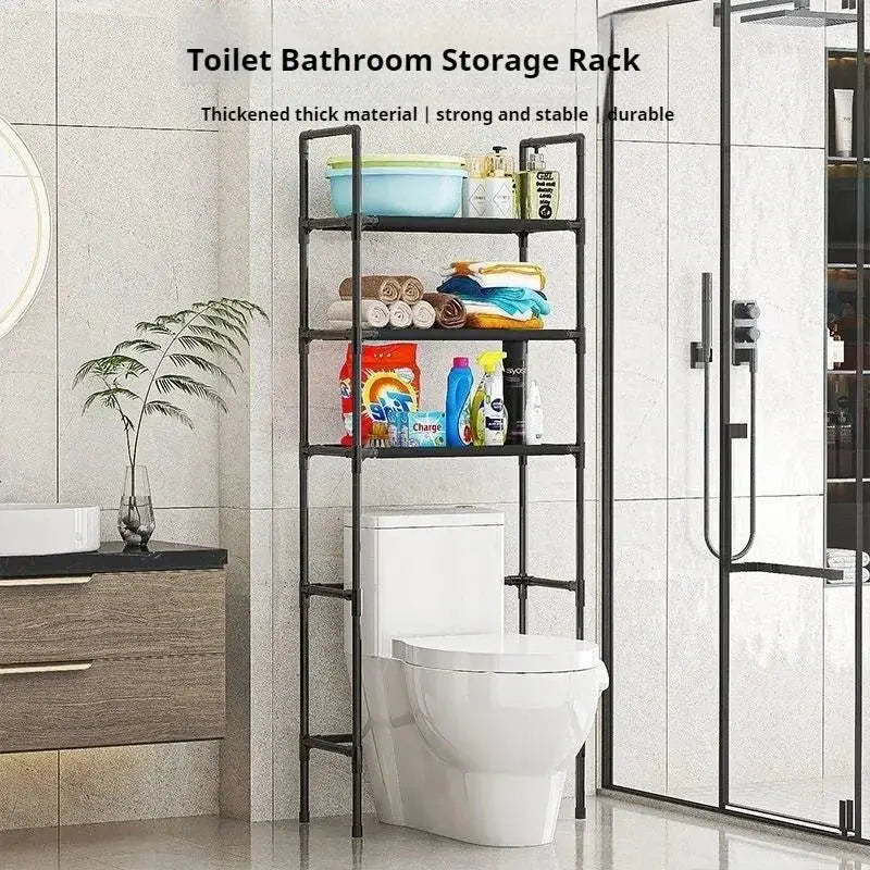 Decorbites™ black metal toilet storage rack with four shelves holds toiletries and towels for bathroom storage and space saving