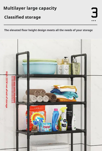 Black metal multi-layer DecorBites storage rack with four shelves for toilet storage and bathroom storage space saving