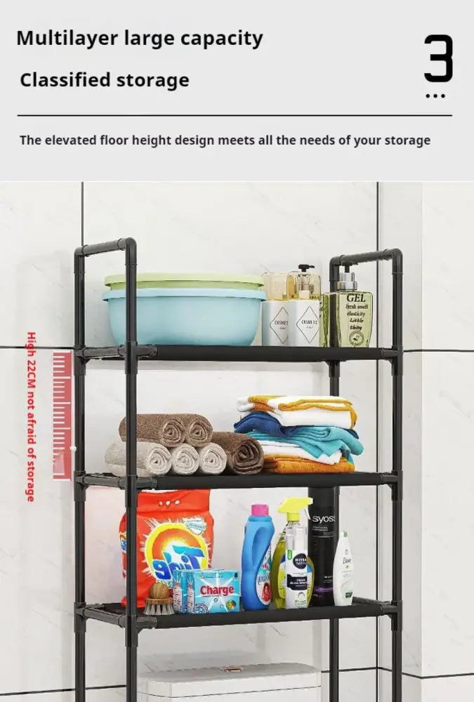 Black metal multi-layer DecorBites storage rack with four shelves for toilet storage and bathroom storage space saving