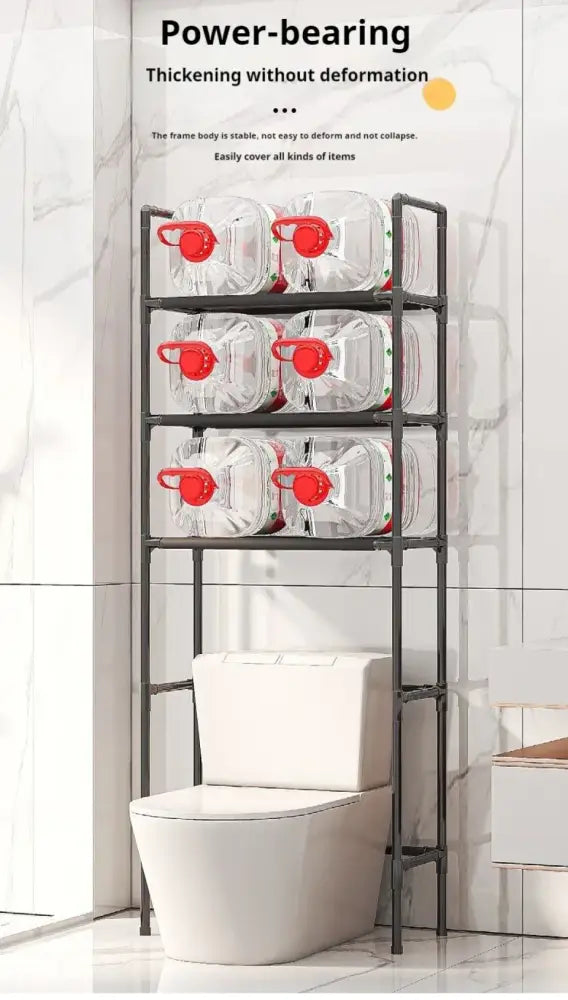 Black metal over the toilet storage rack holding clear plastic water jugs with red caps for bathroom storage