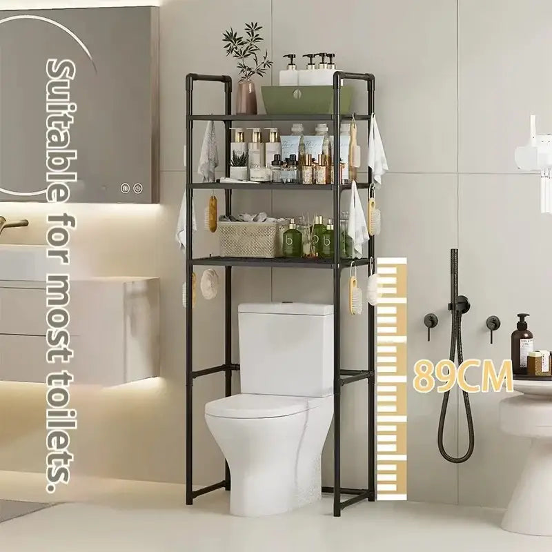 Black metal three-tier DecorBites toilet storage rack with hanging hooks for bathroom storage and save space organization