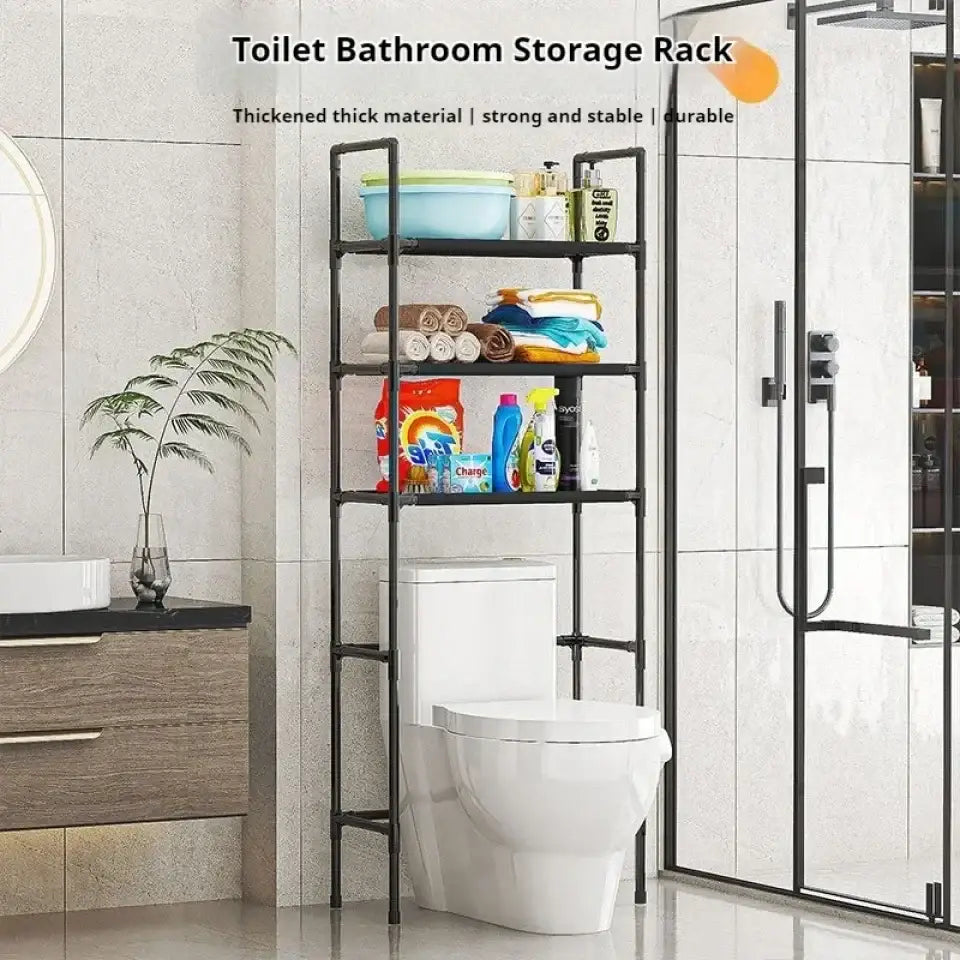 Black metal DecorBites™ toilet storage rack with four shelves designed for bathroom storage of toiletries and towels