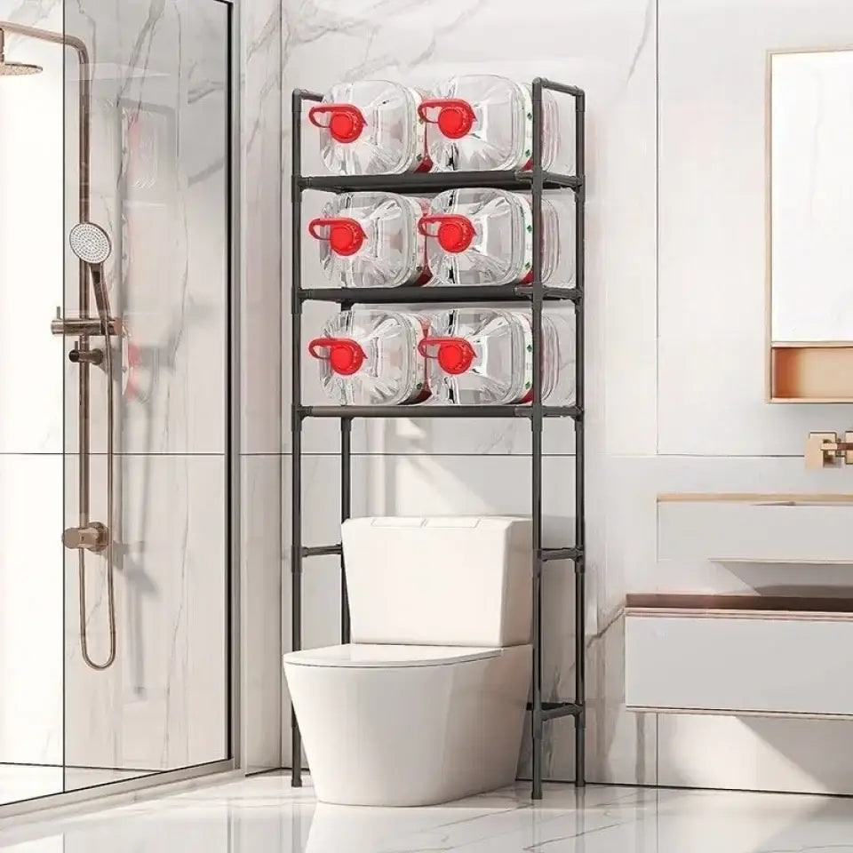 Black metal three-tier DecorBites™ storage rack with six clear water jugs for efficient toilet and bathroom storage