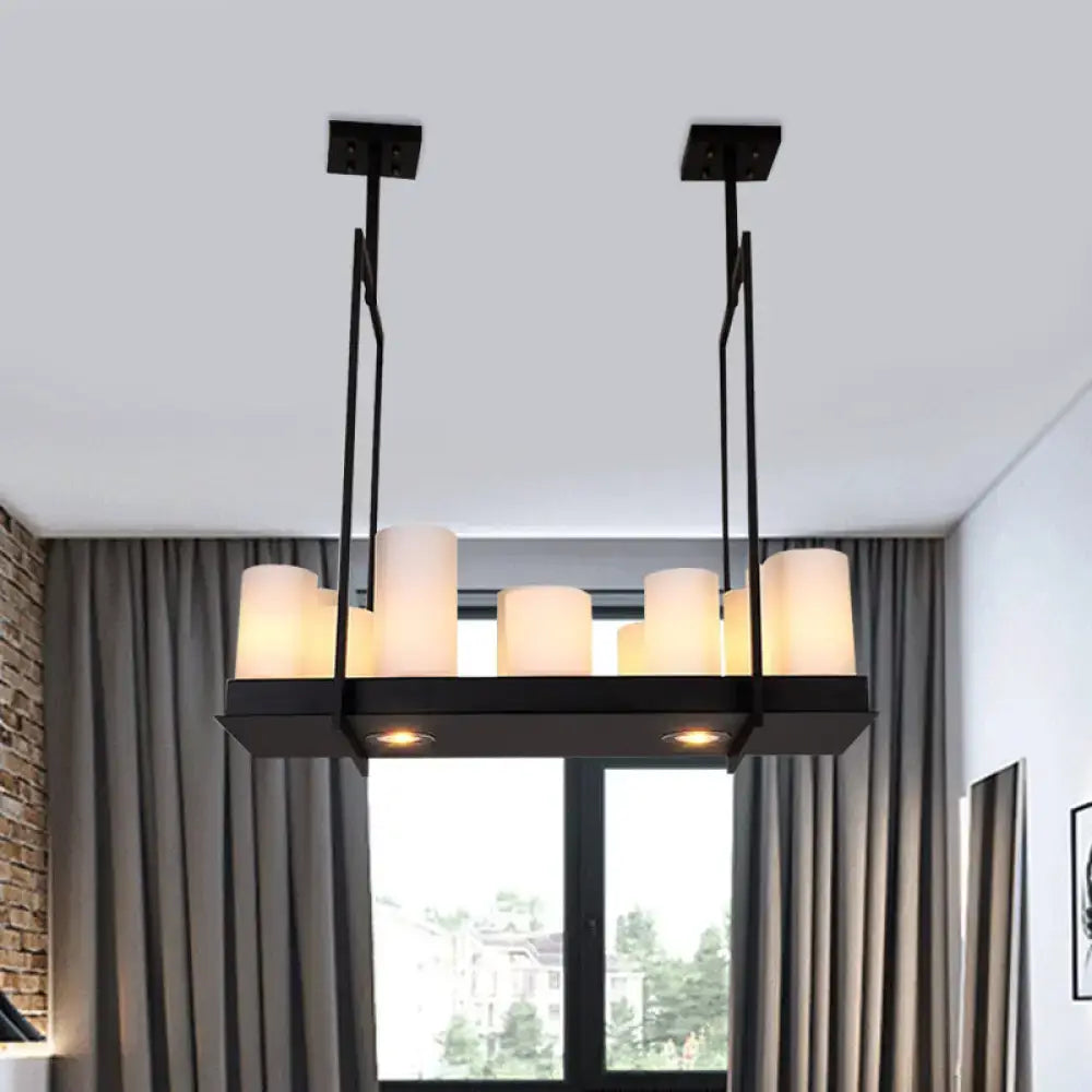 Black metal island pendant light with multiple traditional barrel frosted glass shades for dining room lighting