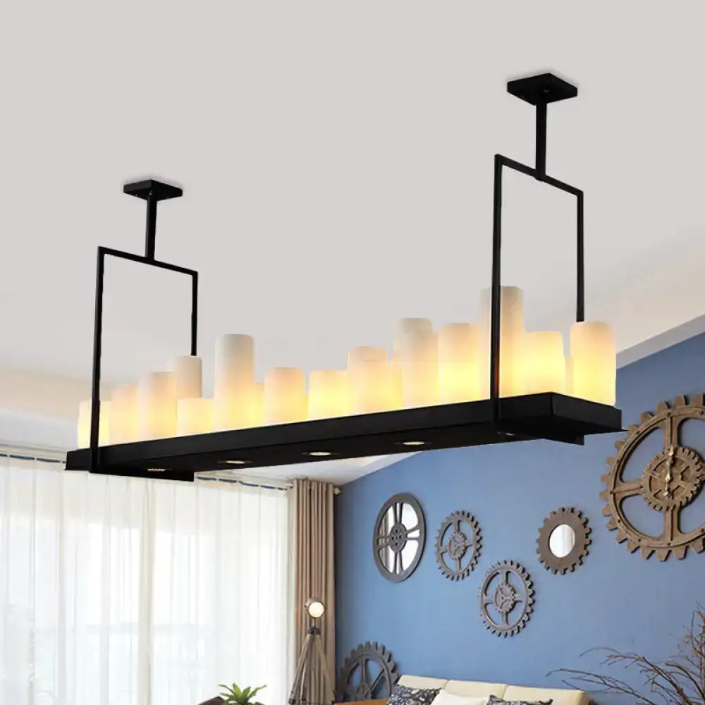 Black industrial-style island pendant light with traditional barrel frosted glass shades for dining room lighting