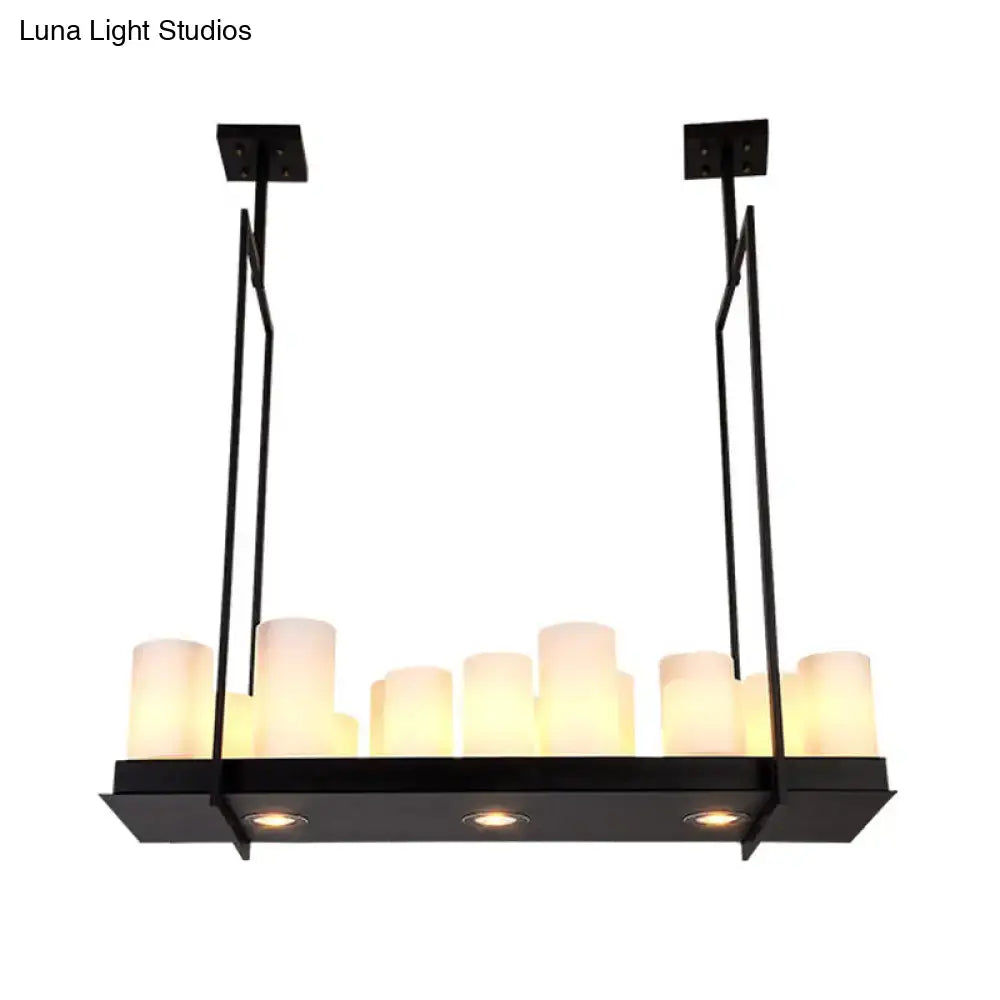 Black metal island pendant light with traditional barrel frosted glass candle-style bulbs for dining room lighting