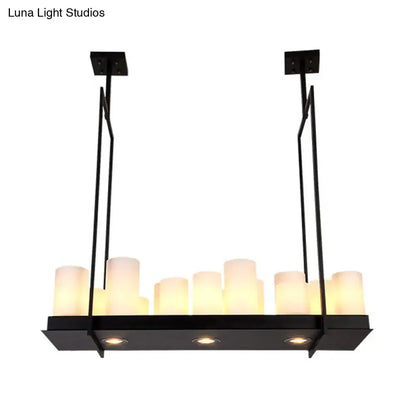 Black metal island pendant light with traditional barrel frosted glass candle-style bulbs for dining room lighting