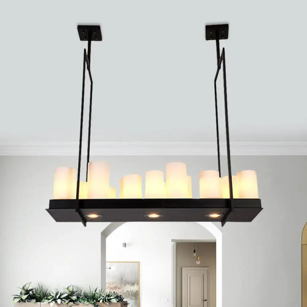 Black metal island pendant light with traditional barrel frosted glass shades and integrated recessed lighting for dining room