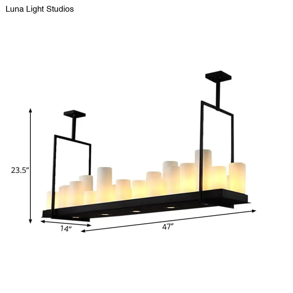 Black metal frame traditional barrel frosted glass island pendant light with illuminated faux candle lights