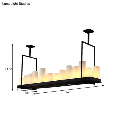Black metal frame traditional barrel frosted glass island pendant light with illuminated faux candle lights