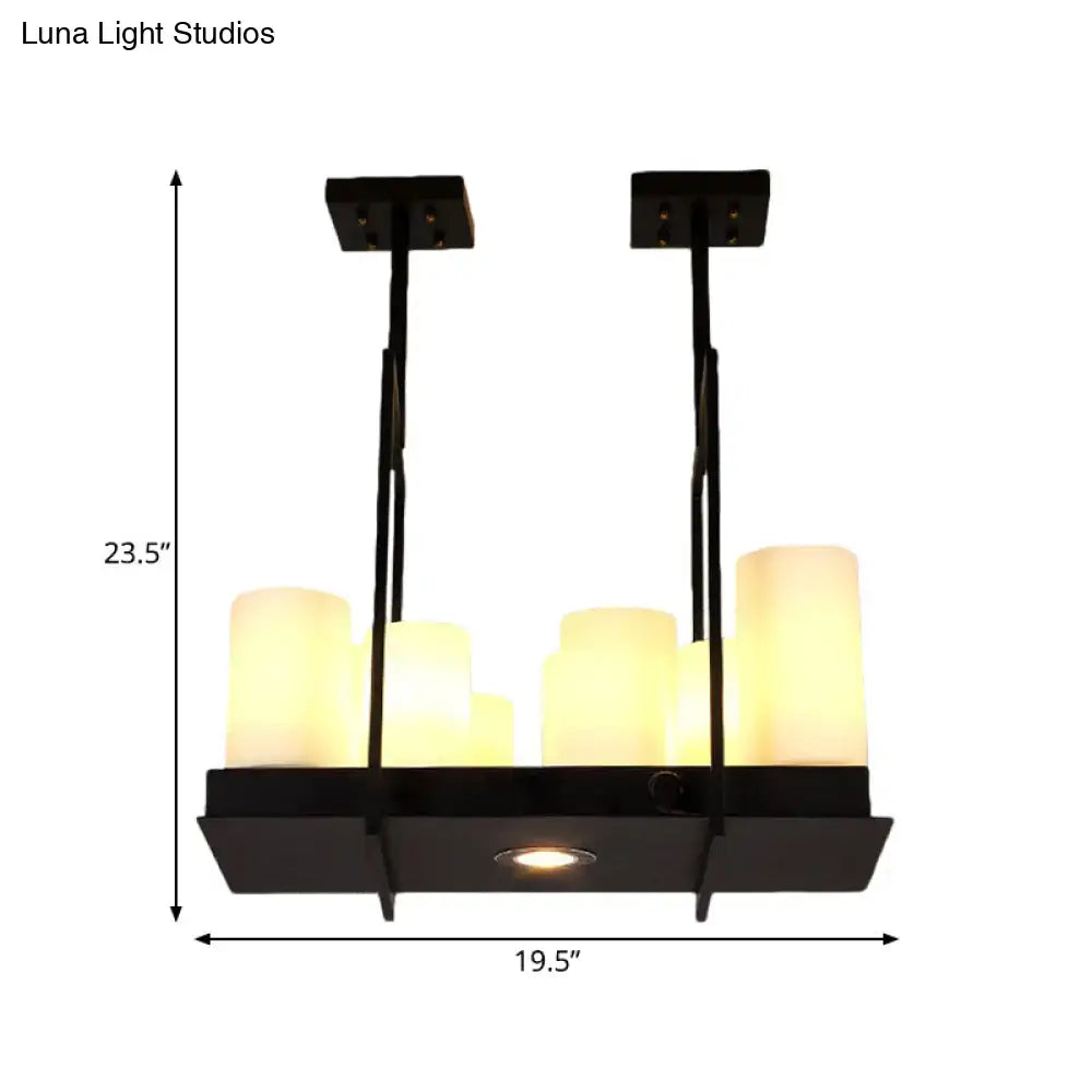 Black metal island pendant light with six warm-toned traditional barrel frosted glass shades for dining room