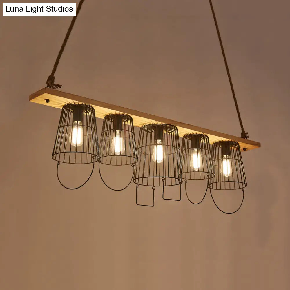 Decorbites traditional barrel metal island pendant light with five black wire cage shades and wood accents for dining room