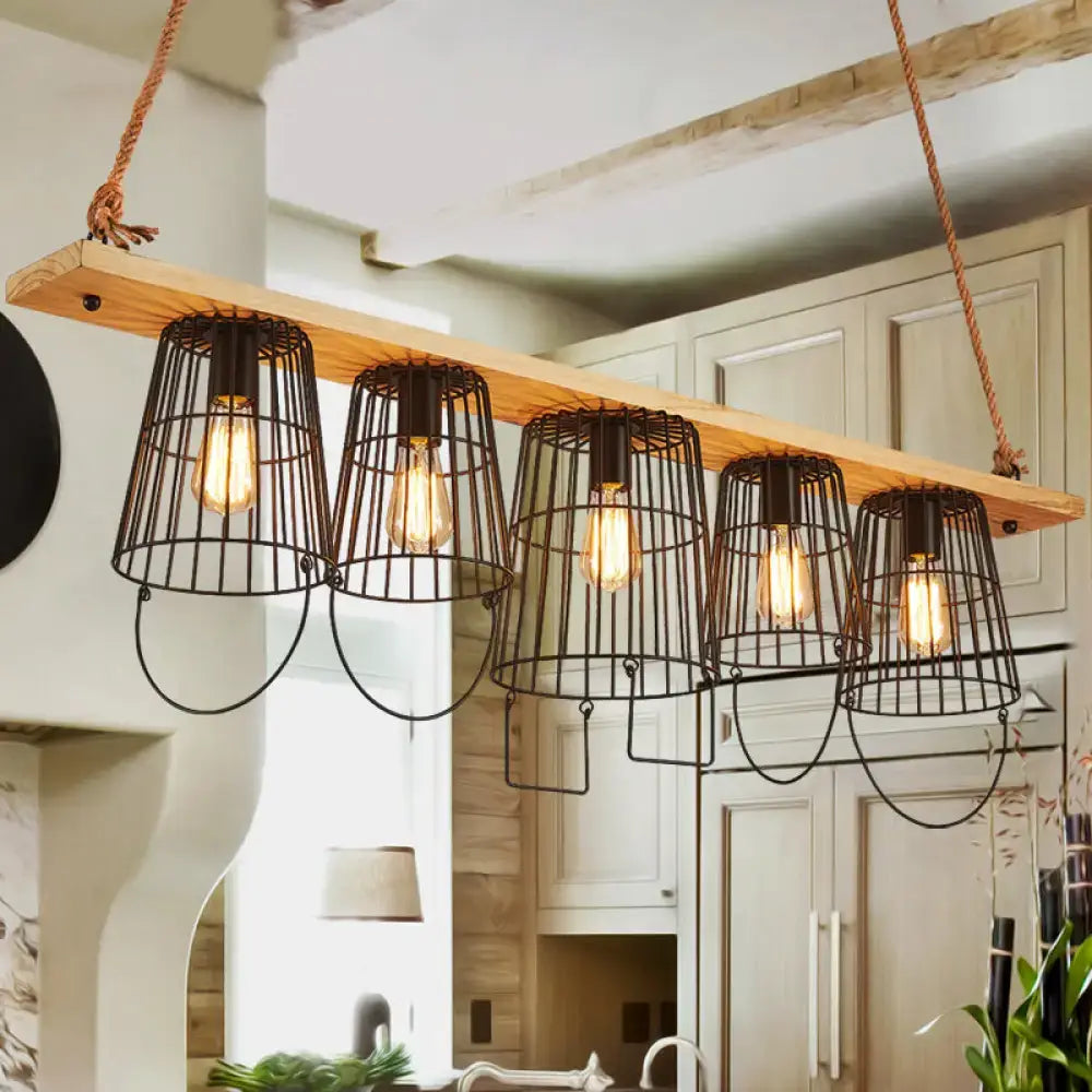 DecorBites traditional barrel metal island pendant light with five black wire cage shades and wood accents for dining room