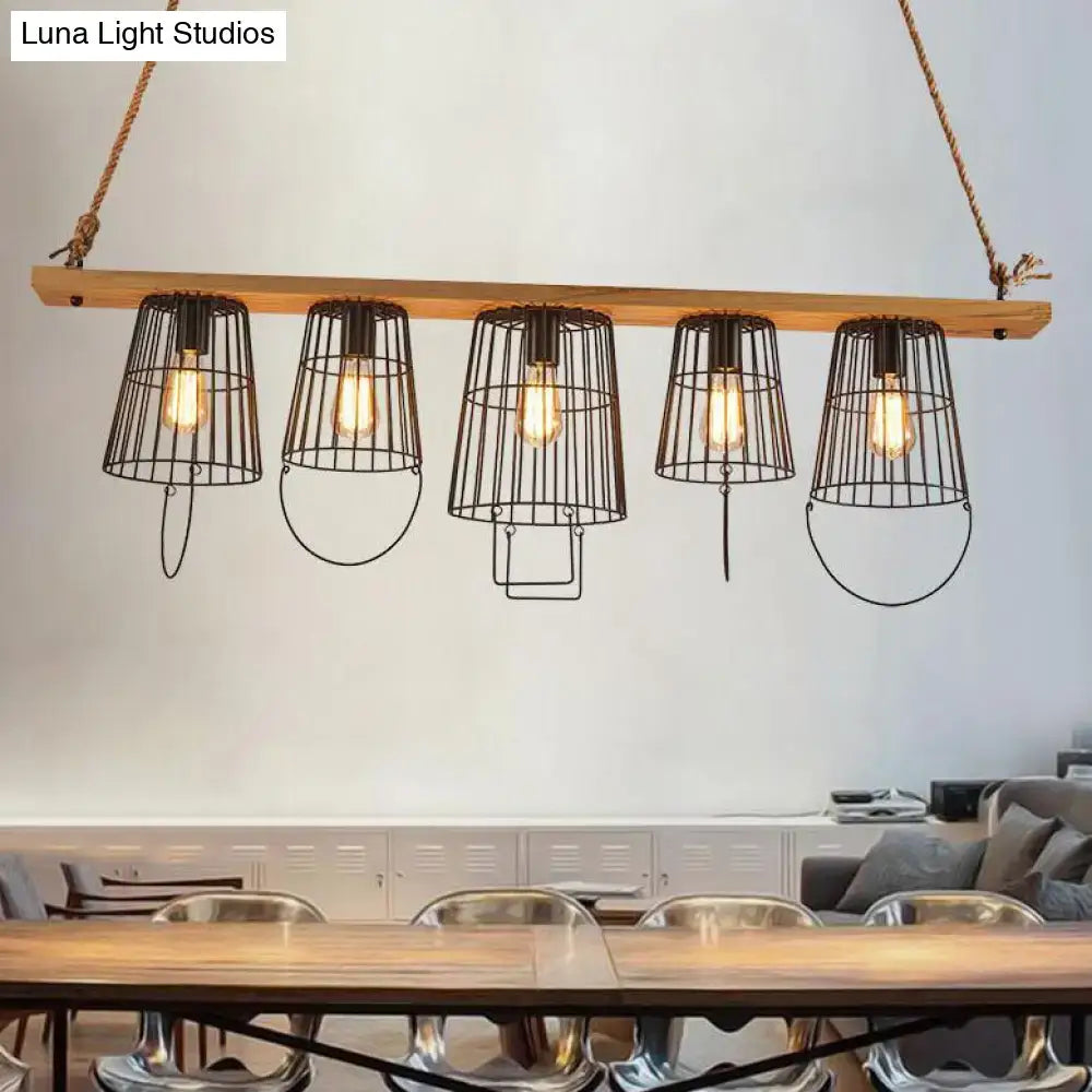 DecorBites™ traditional barrel metal island pendant light with five black wire cage shades and wood accents for dining room