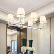 Modern chrome pendant light fixture with five off-white fabric shades for dining room hanging lamp kit