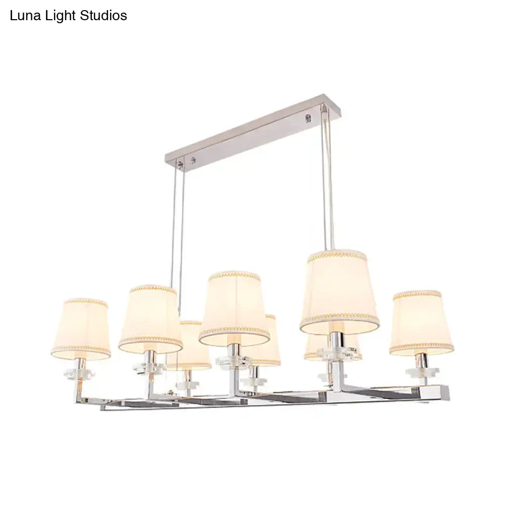 Modern chrome pendant light fixture with six cream fabric shades and gold trim for dining room hanging lamp kit