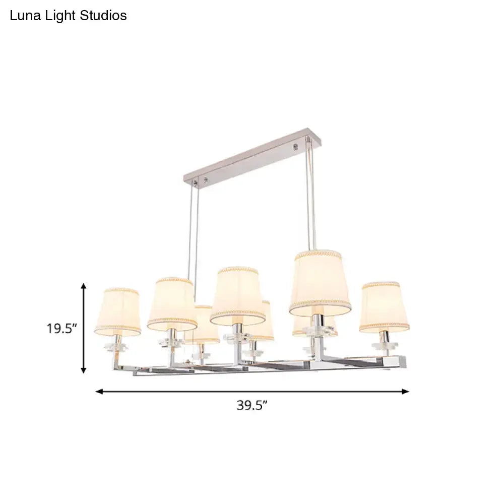Modern chrome-finished pendant light fixture with six cream fabric shades ideal for dining room hanging lamp kit