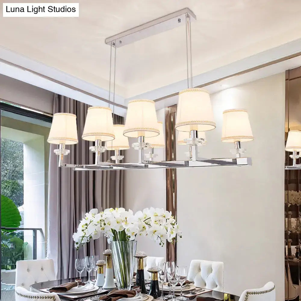 Modern rectangular pendant light fixture with five cream fabric shades and chrome frame for dining room hanging lamp kit