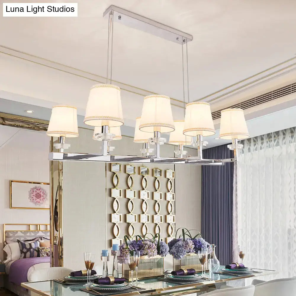 Modern chrome pendant light fixture with six off-white fabric shades for dining room hanging lamp kit