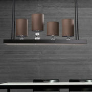 DecorBites traditional black cylinder island light fixture with four brown fabric shades and clear glass accents
