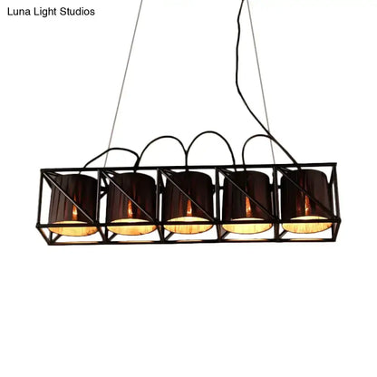 DecorBites™ traditional black fabric suspension pendant features five dark brown barrel shades for island lighting with adjustable fixture height