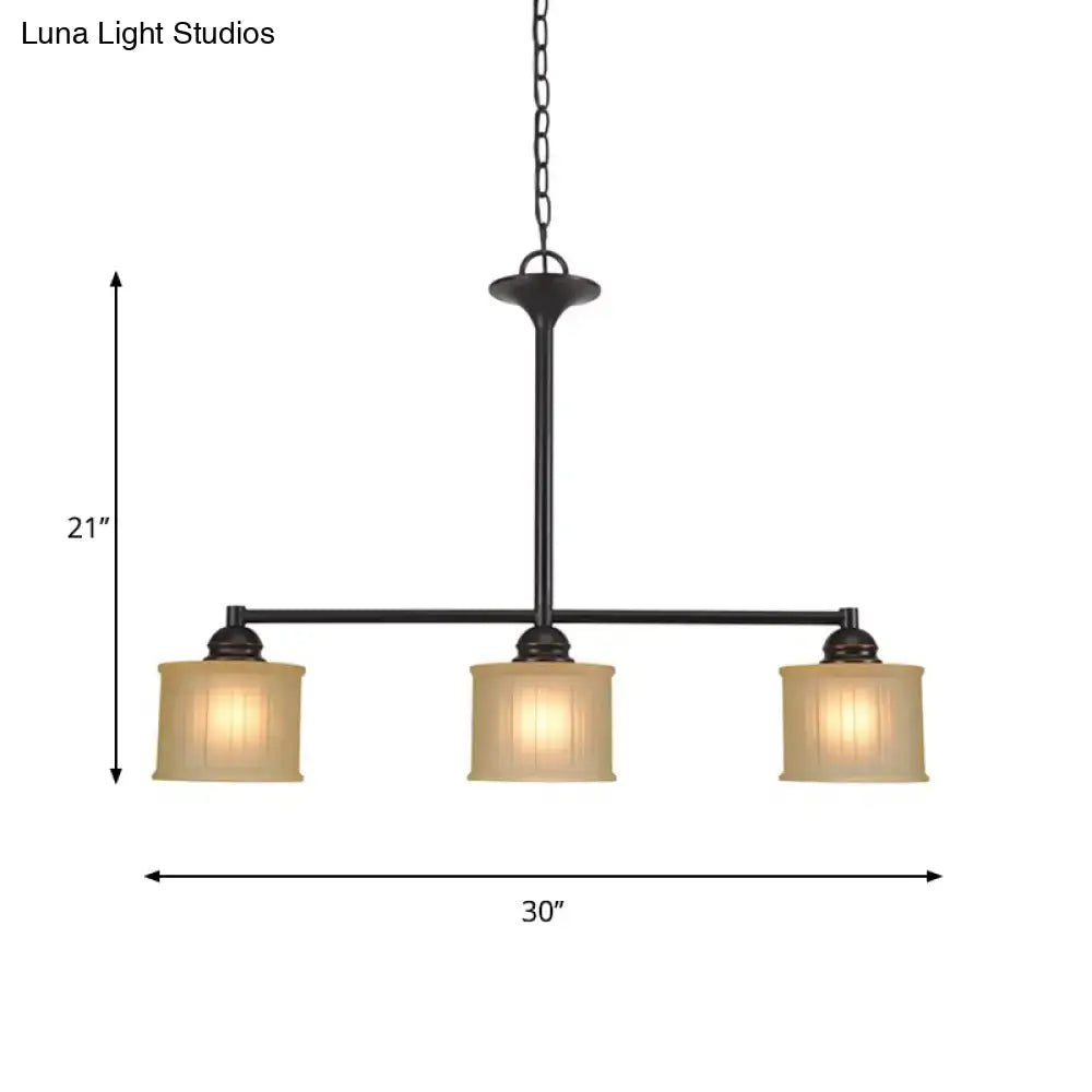 DecorBites traditional black glass drum island light with three beige ribbed glass shades for dining room 220v-240v