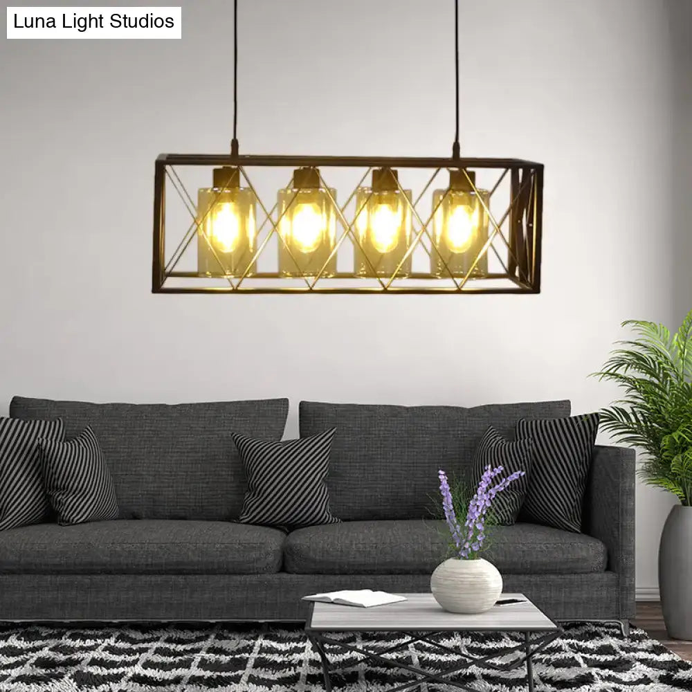 DecorBites traditional black metal pendant island light with cross framed box and amber glass shades for dining room