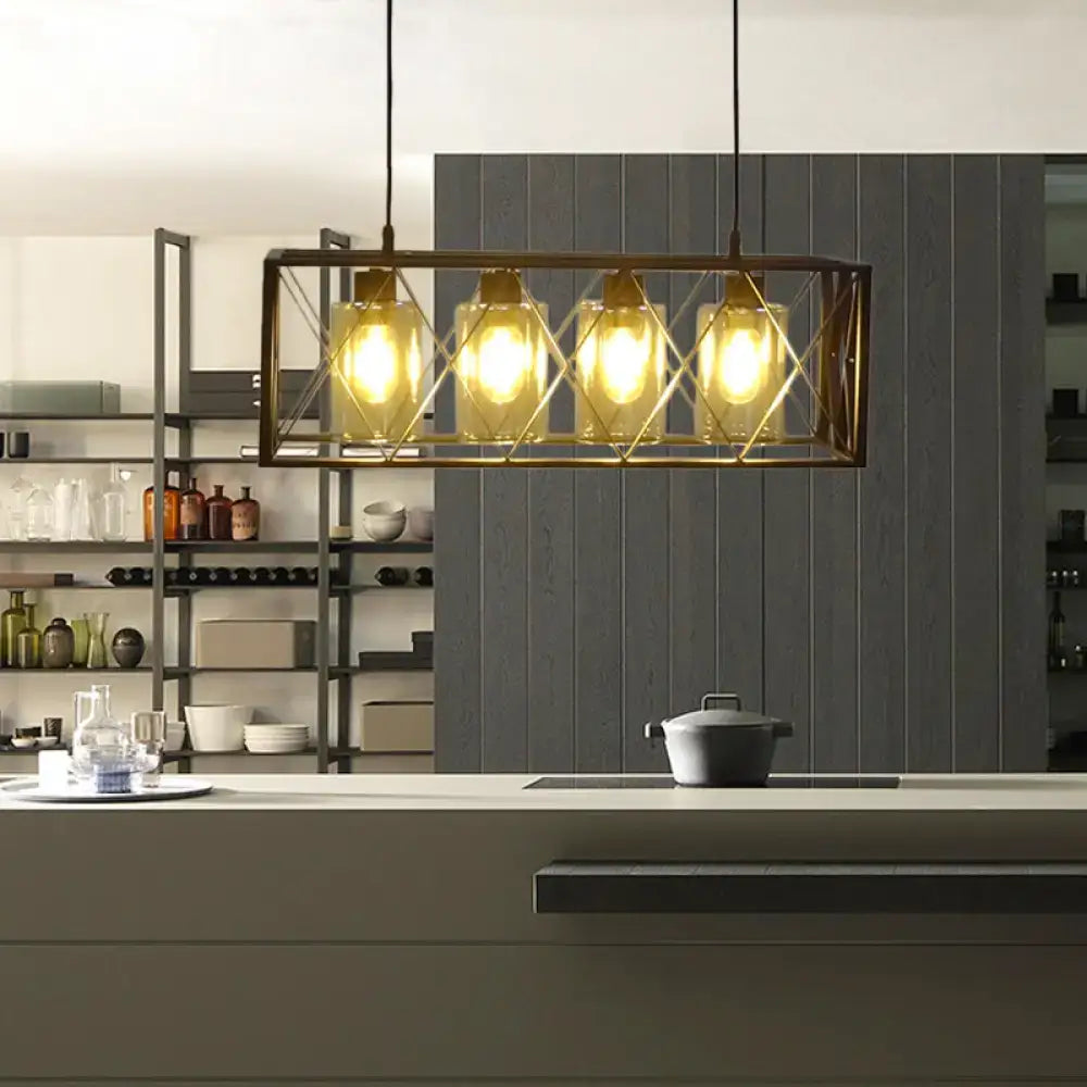Decorbites™ traditional black metal pendant island light with brass cross framed box featuring diamond-cut glass for dining room