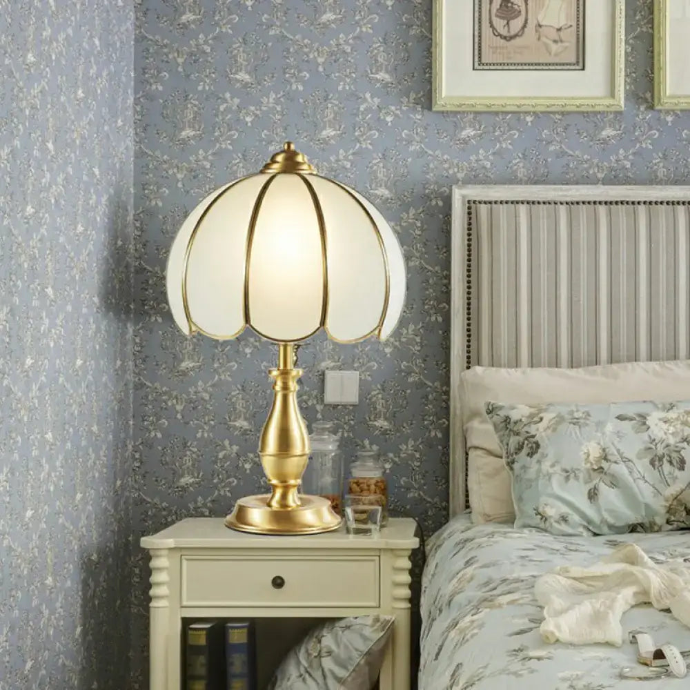 Decorbites traditional brass bedside table lamp with gold-toned metal and white glass petal-shaped shade 110v-120v